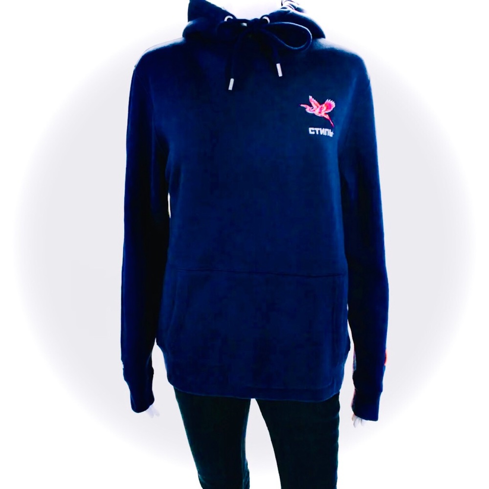 HERON PRESTON | XXS | Navy Dark Blue Cotton Pullover Hoodie Cuts Emb. Logo NWT